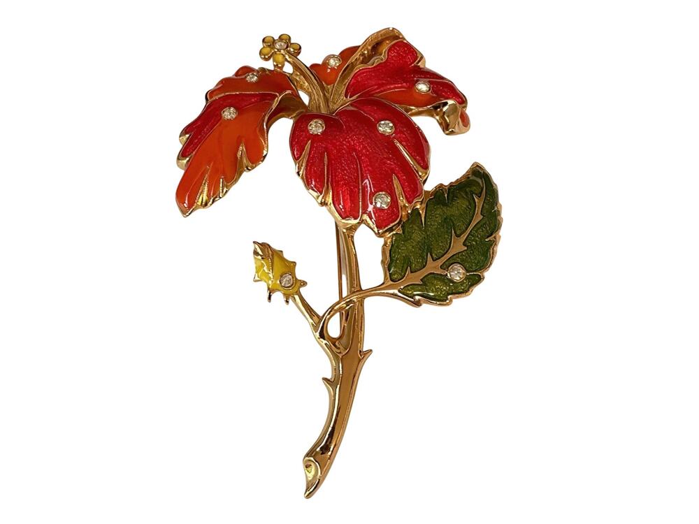Jose Maria Barrera Avon Hibiscus Brooch Enamel Rhinestone Vintage Brooch Pin